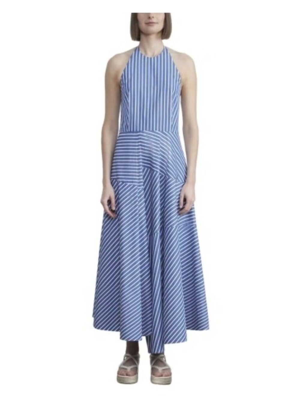 Lafayette 148 New York Blue White Striped Cotton Halter Dress Sz 8 Midi Pleated - Picture 2 of 15